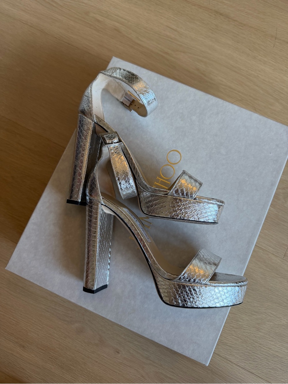 Jimmy Choo Metallic Silver Platform Block Heel Sandals